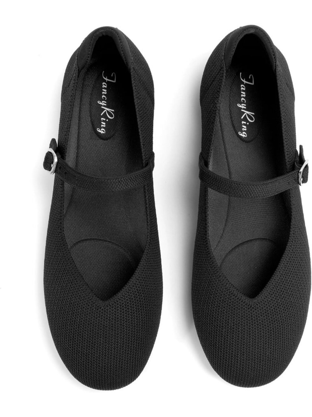 Women's Black Comfortable Round Toe Ballet Flats with Strap Knit Mary Jane Shoes